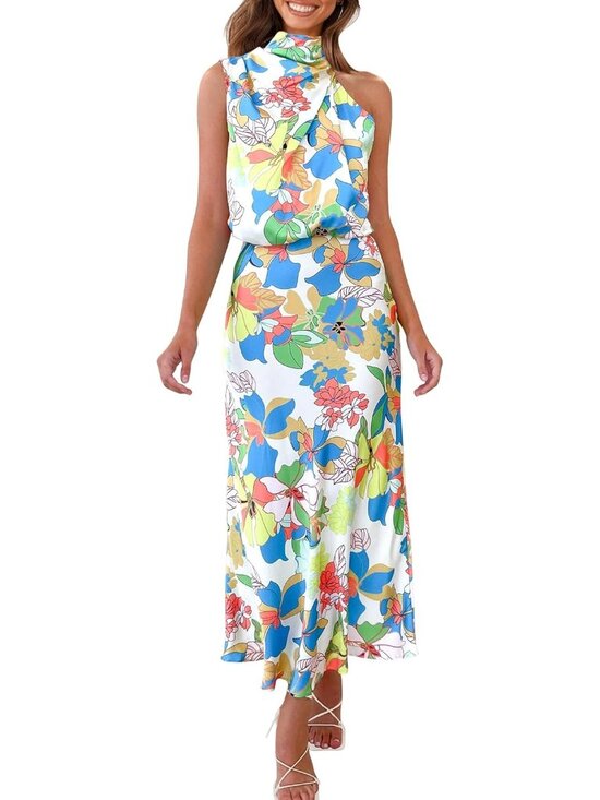Dresses & Skirts - Women Print Multicolored Satin Elegant Sleeveless Mock Neck Cocktail Maxi Dress
